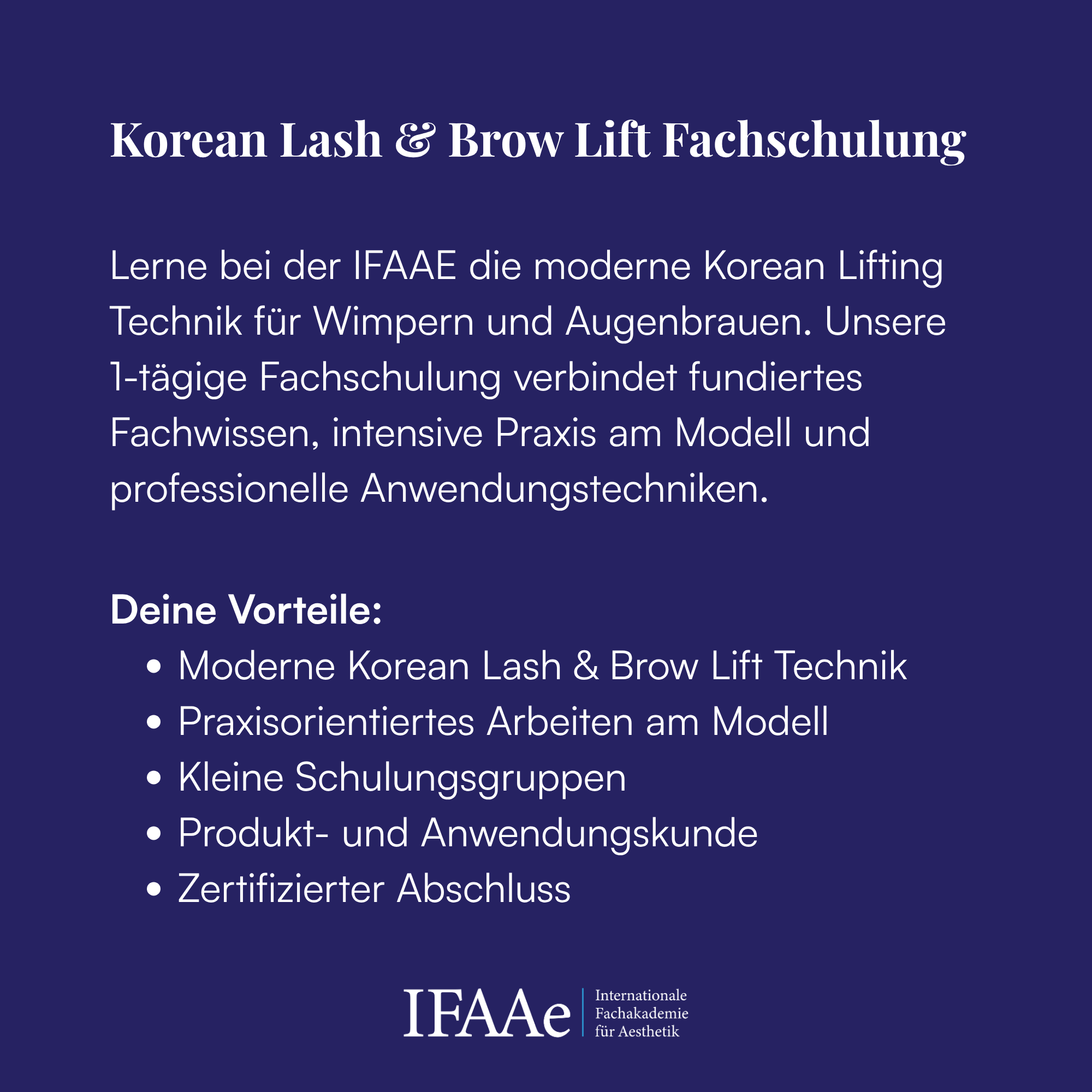 Korean Lash & Brow Lift Fachschulung Tageskurs mit Zertifikat