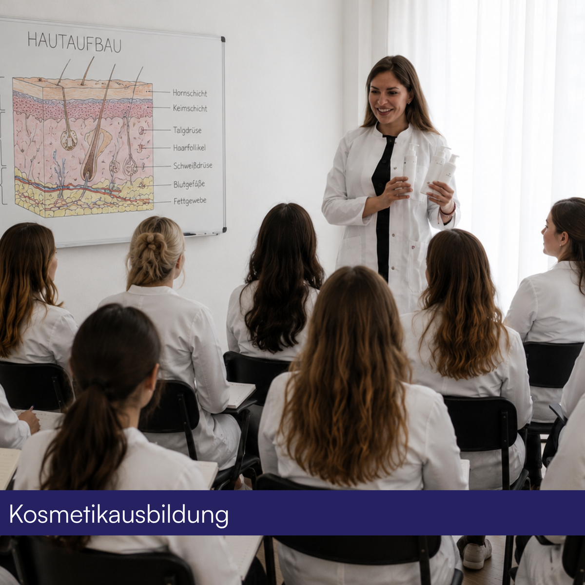 Kosmetik Ausbildung Unterricht Vanessa Reinhard Schulungsleiterin IFAAe steht lächeln im Kittel vor Schülerinnen und unterrichtet
