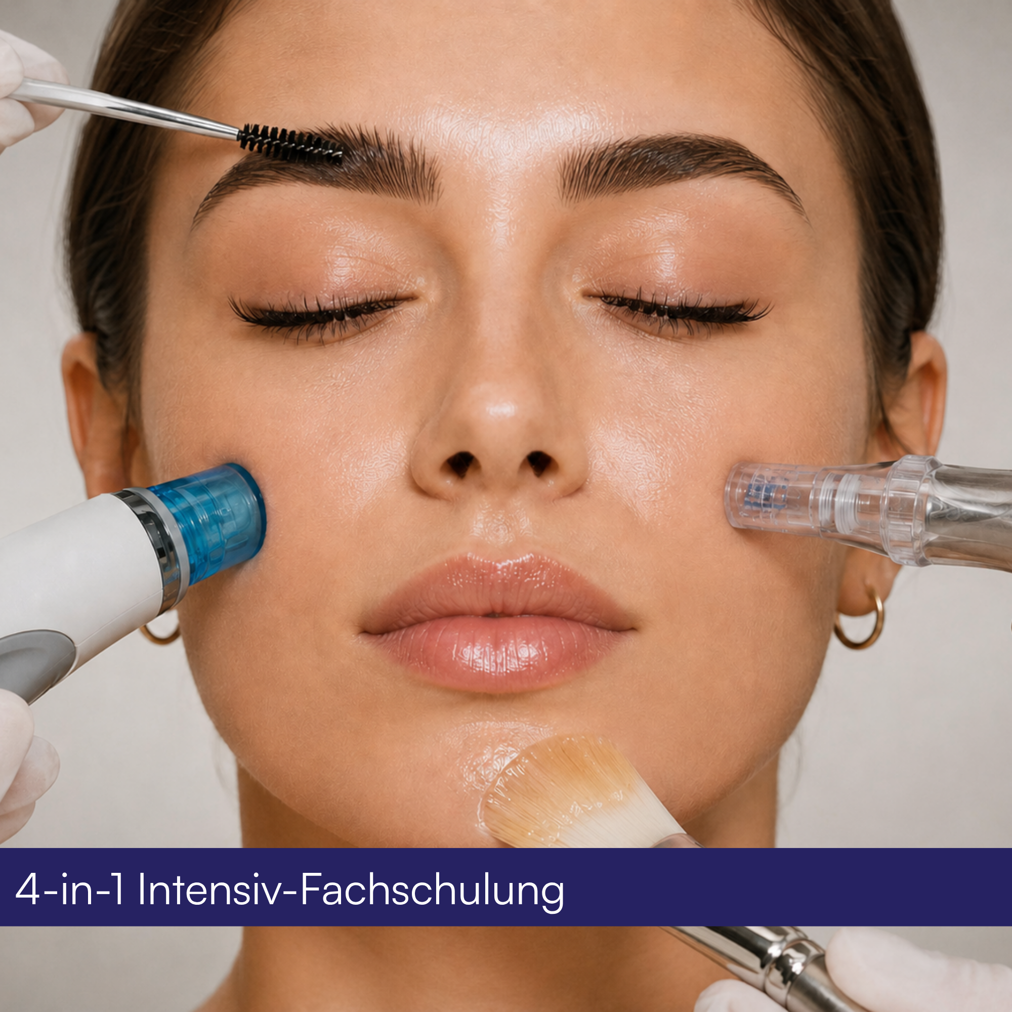 Nahaufnahme eines Models der 4-in-1 Kosmetikschulung mit Aquafacial-Handstück, Microneedling und Lashlifting-& Browlifting Behandlung im Gesicht